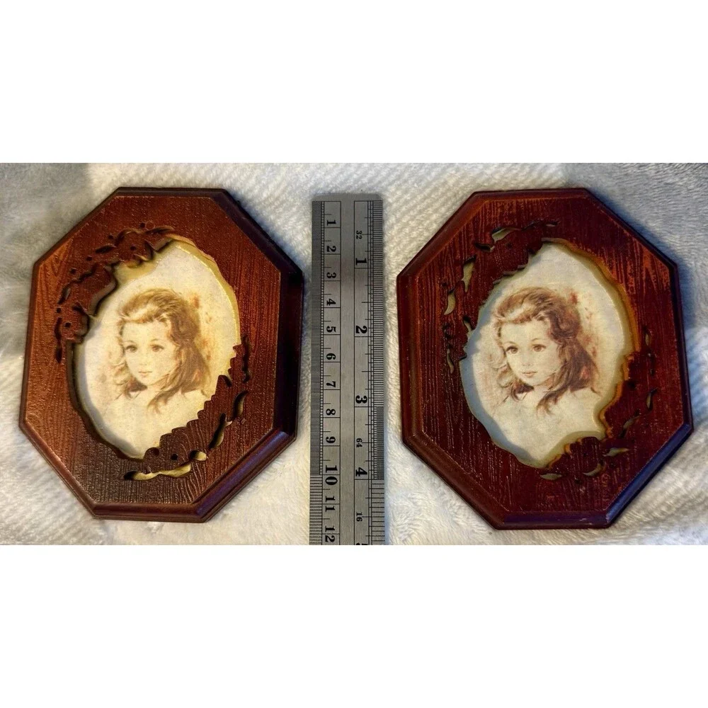 2 Ornate Octagon Faux Wood Picture Frame HL British Registered Design Vintage